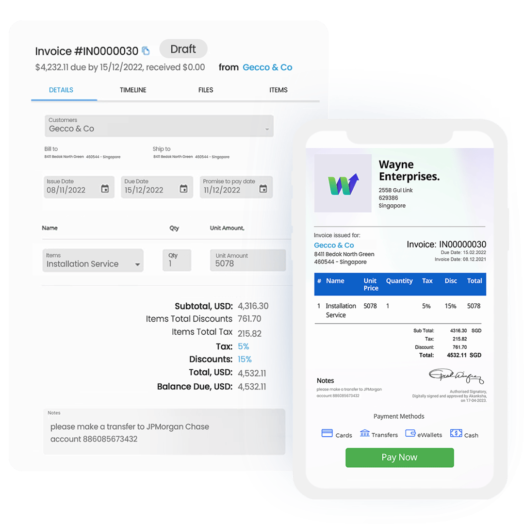 create e-invoices with your company branding and customize the line items, discounts and tax rates. Validate and approve draft invoices before sending them to your customers