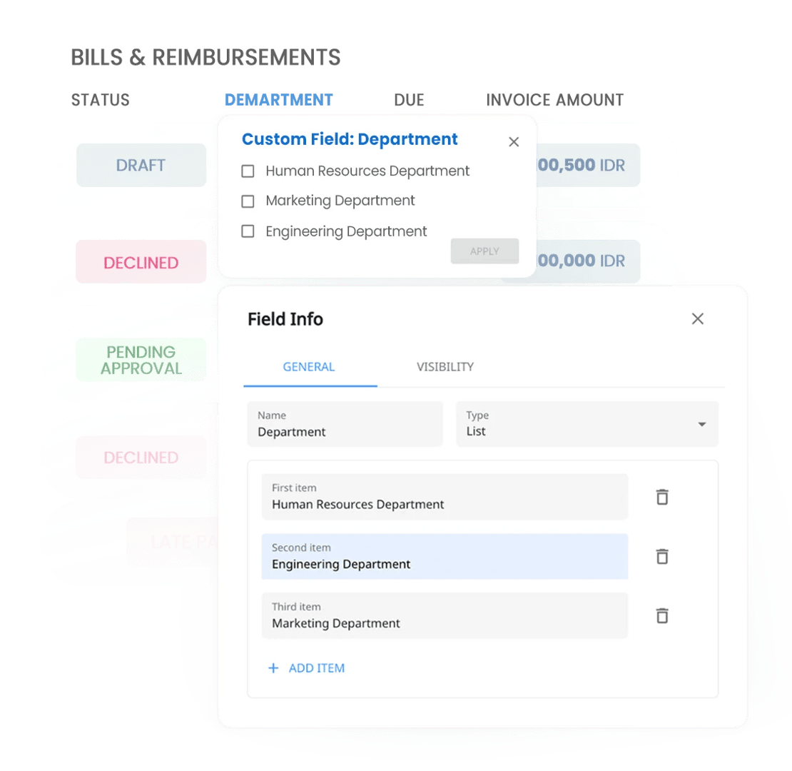 If your bills and bill line items require specific fields and information, you can add as many custom fields as needed to your bills and bill line items. 