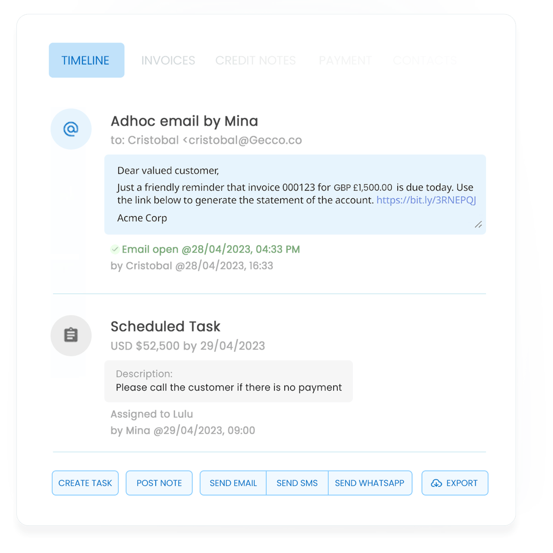 How many times have you lost track of internal and external communication trails? How many times you’ve missed follow-ups or replying to customer queries? Peakflo will capture all the follow-ups, messages, questions, bounced messages, and open rates in the timeline of invoice and customer and makes task management much easier!