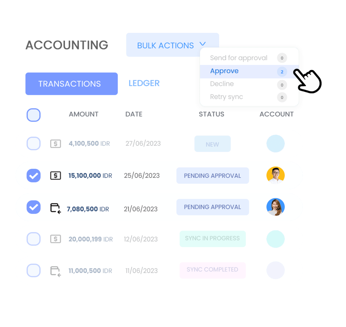 Periksa status semua transaksi dengan mudah dan lakukan tindakan massal untuk transaksi tertentu. Anda juga dapat memeriksa apakah data telah berhasil disinkronkan dengan sofware akuntansi Anda atau belum.