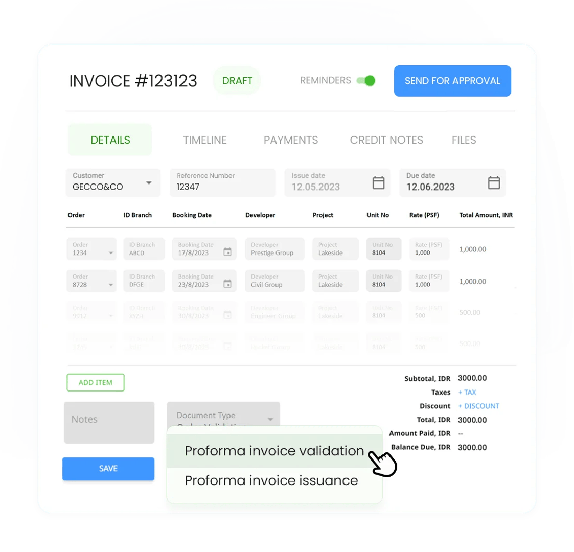 Buat e-invoice dan sesuaikan item, diskon, serta pajak dengan perusahaan Anda. Validasi dan setujui draf invoice sebelum mengirimkannya ke pelanggan Anda.