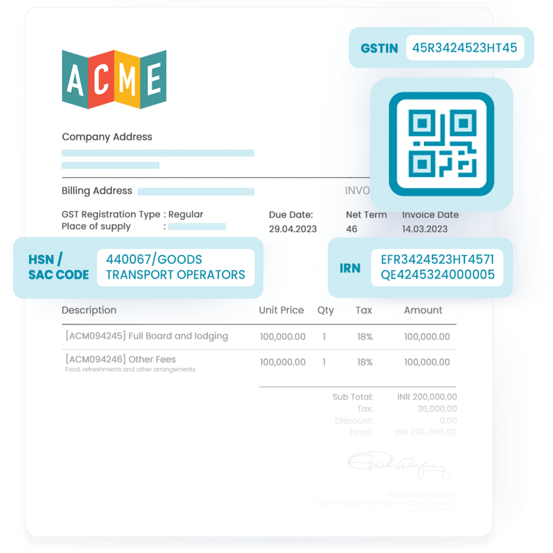 Peakflo's page for tax e-invoicing with HSN, IRN, QR code and GSTIN.