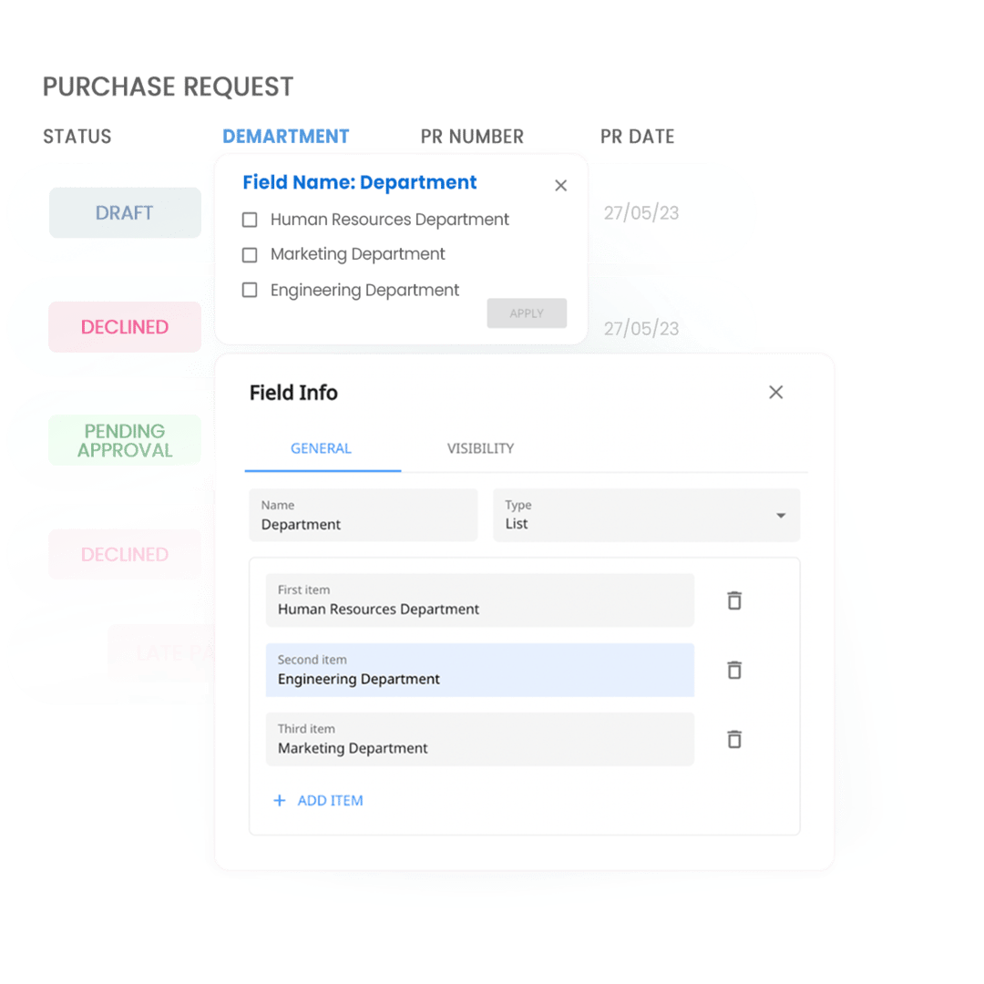 There will be no limitation for your company to add customized fields based on your unique requirements. Add any type of custom field required to make purchase request creation a breeze.
