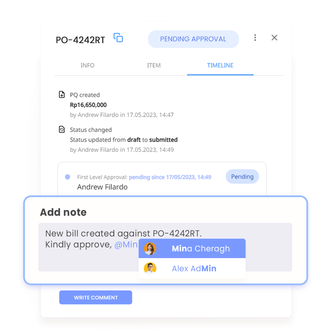 Dari timeline penawaran pembayaran, periksa detail penawaran pembayaran dan vendor dengan mudah dan lacak proses persetujuan dalam sekejap.