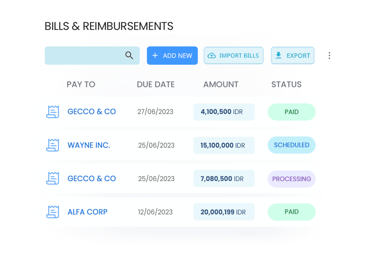 Katakan selamat tinggal pada pelacakan status tagihan di spreadsheet. Periksa tanggal jatuh tempo serta status invoice secara real-time dari tabel Tagihan & Penggantian Biaya Peakflo!