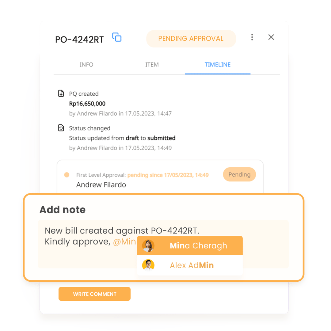 Mustahil untuk melacak kapan dan dimana persetujuan terjadi. Dengan timeline Peakflo, audit trail akan secara otomatis direkam dan stakeholder dapat melihat aktivitas akan persetujuan.