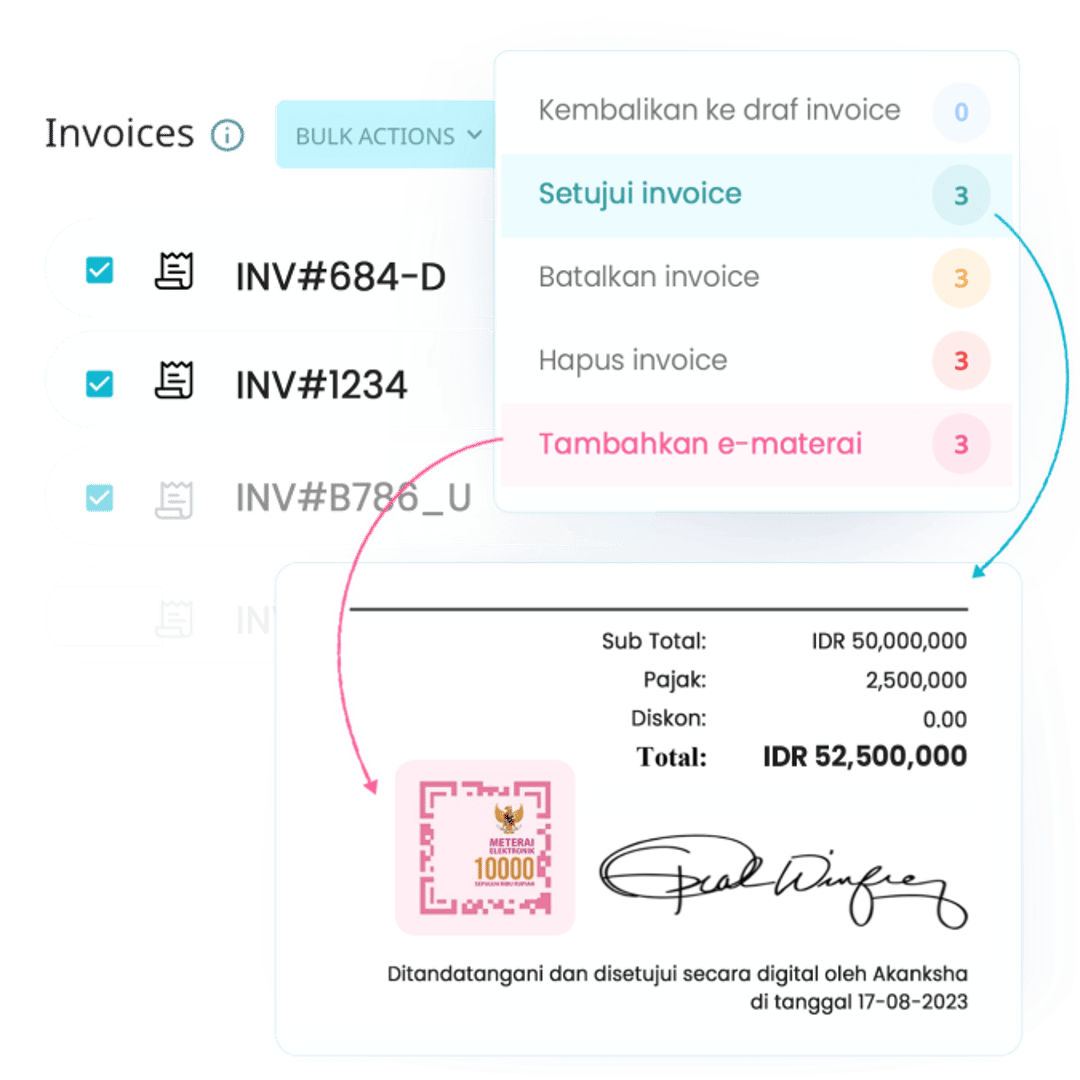 Di invoicing software Peakflo, pilih dan setujui invoice sekaligus. Setelah invoice disetujui dengan izin, tanda tangan elektronik Anda dan e-meterai akan ditambahkan ke dalam invoice secara otomatis.