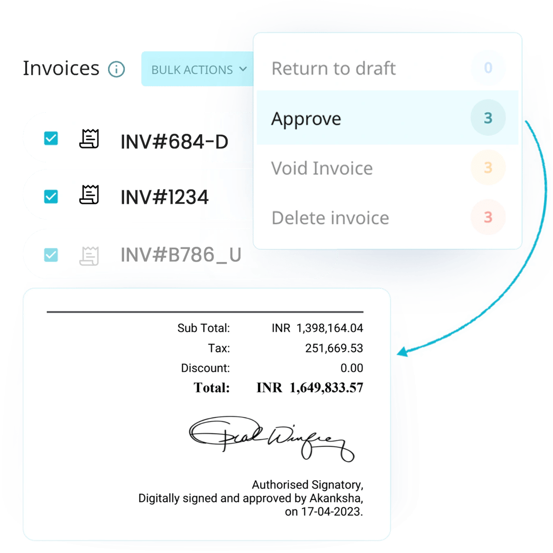 in Peakflo invoicing software, choose and approve invoices in one go, after full approval the e-signature will automatically get included in the invoice