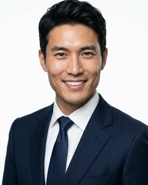 White / Pure White Studio · Dark blue tailored suit headshot example