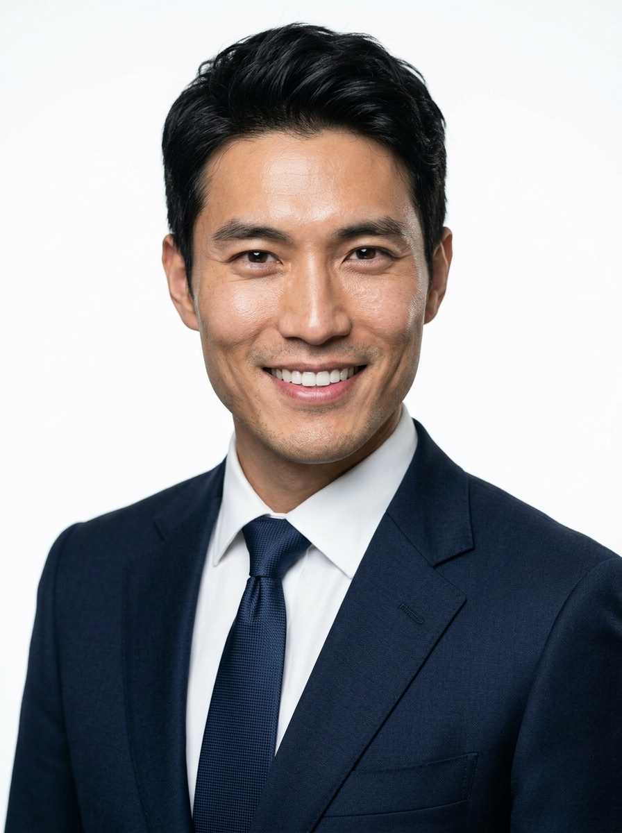 Professional AI LinkedIn headshot in Dark blue tailored suit on White / Pure White Studio