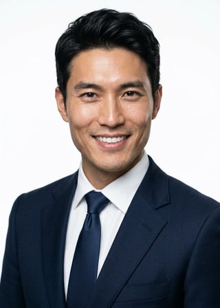 Professional AI LinkedIn headshot in Dark blue tailored suit on White / Pure White Studio