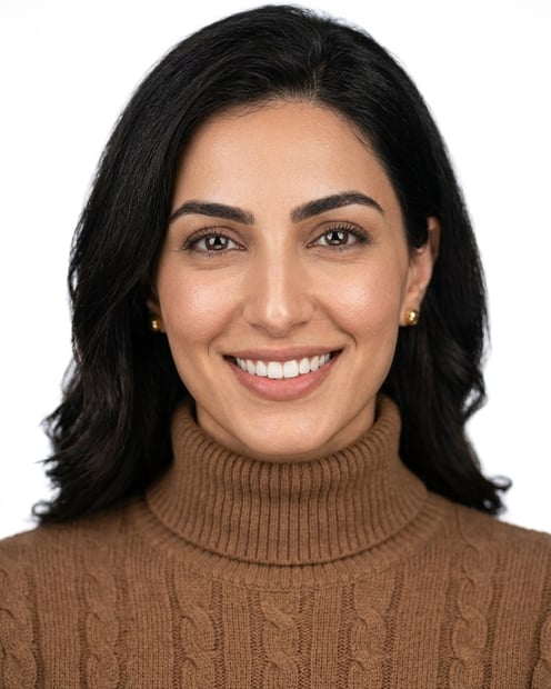White / Pure White Studio · Brown cable-knit turtleneck headshot example