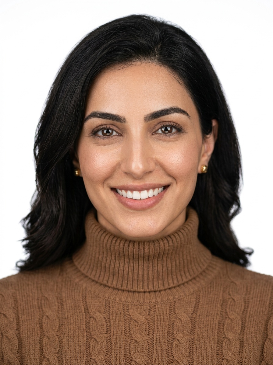 Professional AI LinkedIn headshot in Brown cable-knit turtleneck on White / Pure White Studio