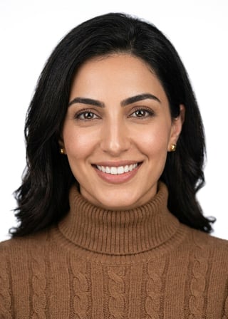 Professional AI LinkedIn headshot in Brown cable-knit turtleneck on White / Pure White Studio