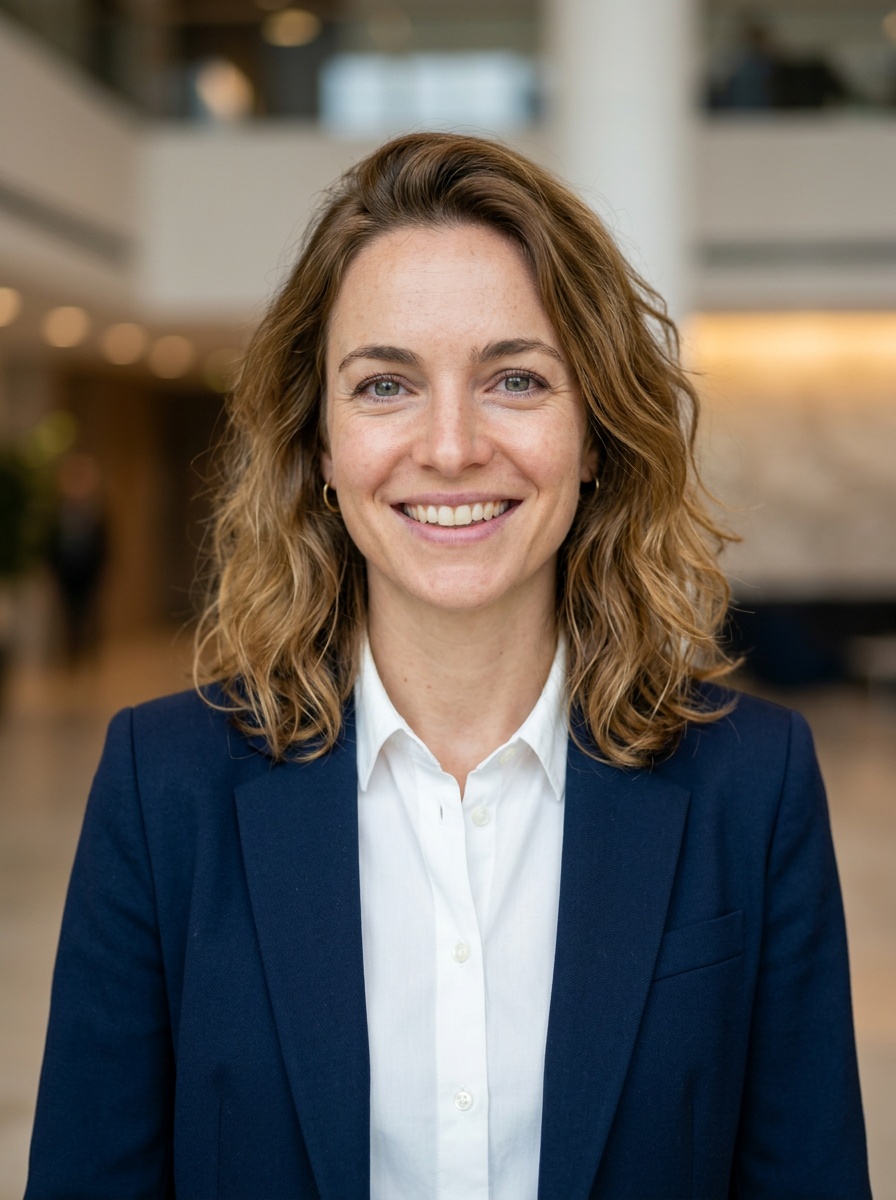 Professional AI LinkedIn headshot in White button-up shirt on Lobby (corporate lobby)