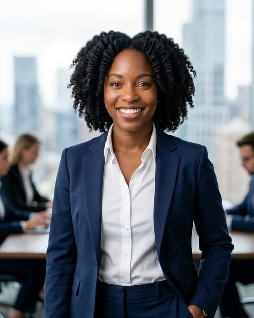 City Window Skyline · Navy Blazer Open Collar headshot example