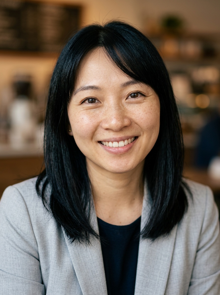 Professional AI LinkedIn headshot in Light gray blazer on Cafe (warm professional)