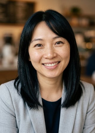 Professional AI LinkedIn headshot in Light gray blazer on Cafe (warm professional)