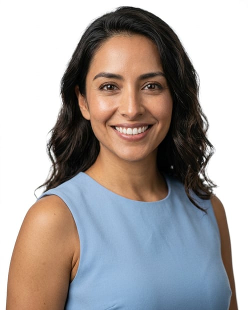 White / Pure White Studio · Light blue sleeveless dress headshot example