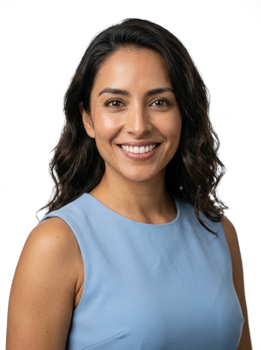 Professional AI LinkedIn headshot in Light blue sleeveless dress on White / Pure White Studio