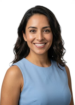 Professional AI LinkedIn headshot in Light blue sleeveless dress on White / Pure White Studio
