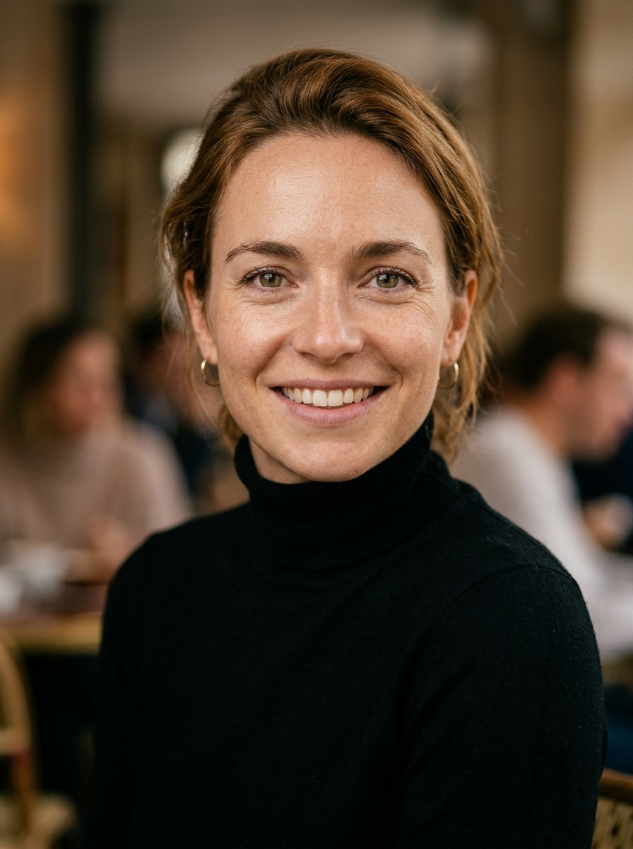 Professional AI LinkedIn headshot in Fitted black turtleneck (women's relaxed fit) on Cafe (warm professional)