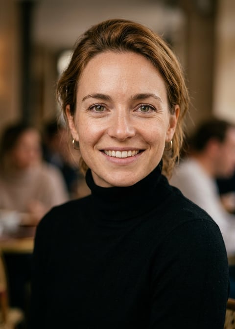 Professional AI LinkedIn headshot in Fitted black turtleneck (women's relaxed fit) on Cafe (warm professional)