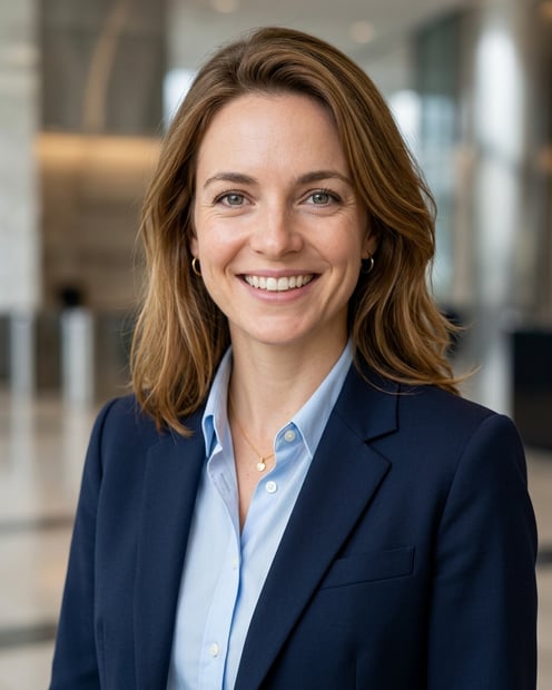 Lobby · Navy blazer with light blue shirt headshot example