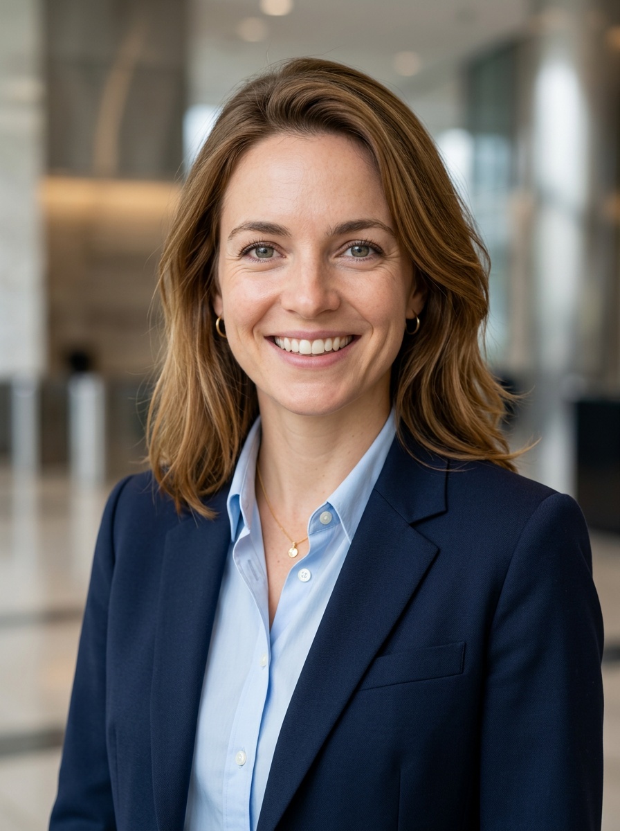 Professional AI LinkedIn headshot in Navy blazer with light blue shirt on Lobby (corporate lobby)