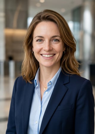 Professional AI LinkedIn headshot in Navy blazer with light blue shirt on Lobby (corporate lobby)