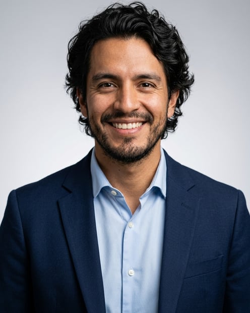 Neutral Gradient / Light Grey · Navy blazer with light blue shirt headshot example