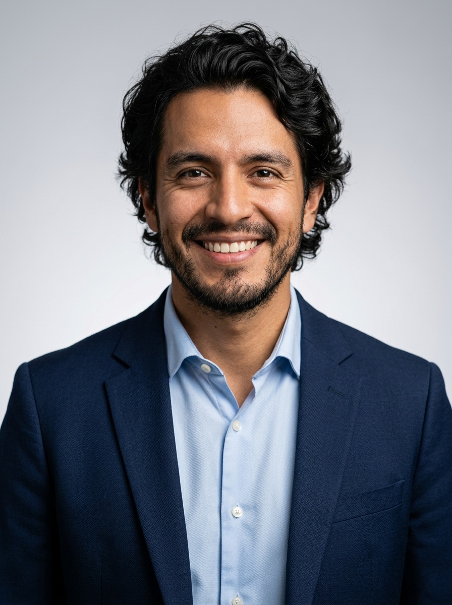 Professional AI LinkedIn headshot in Navy blazer with light blue shirt on Neutral Gradient / Light Grey