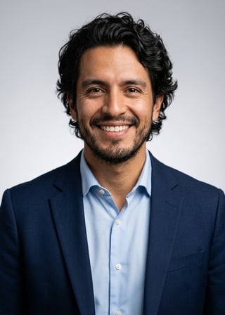 Professional AI LinkedIn headshot in Navy blazer with light blue shirt on Neutral Gradient / Light Grey
