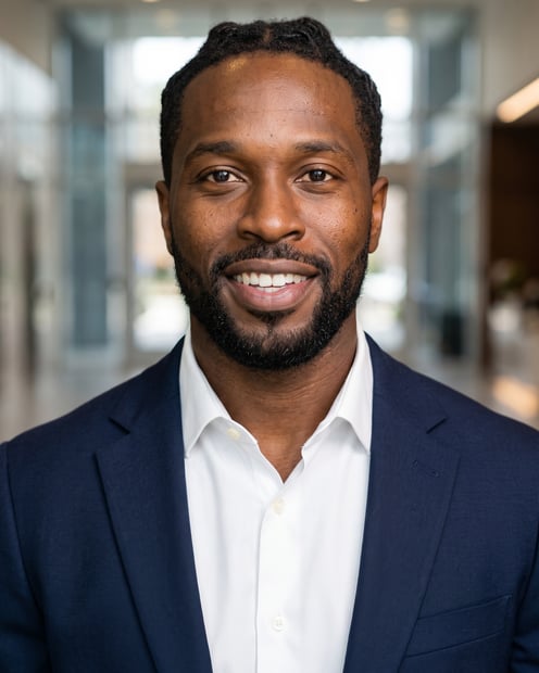Corporate Lobby · Navy Blazer headshot example