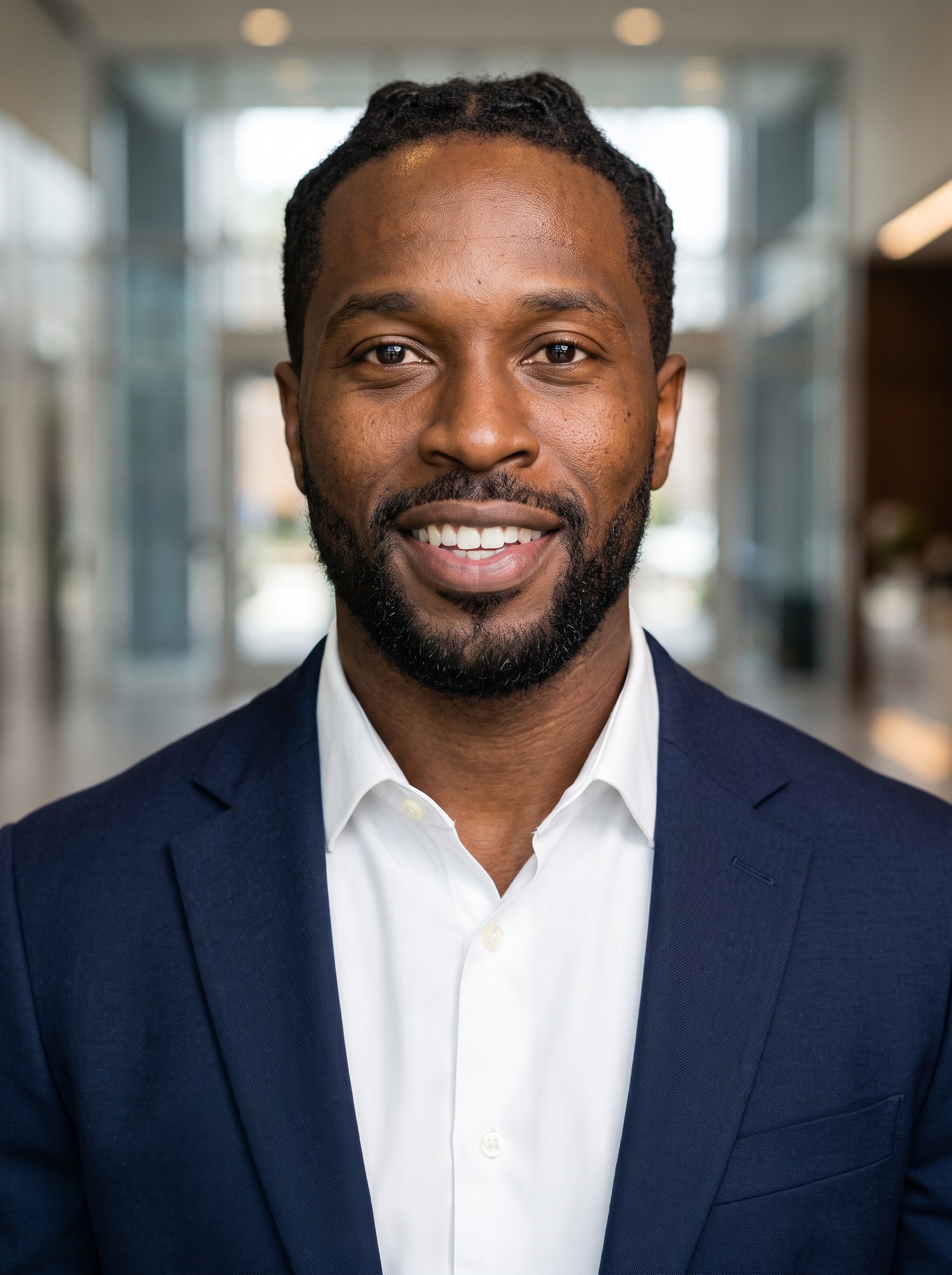 Corporate Lobby · Navy Blazer headshot example
