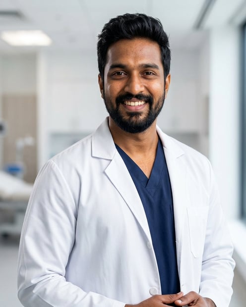 Soft Blue Clinic Interior · White Coat over Scrubs headshot example