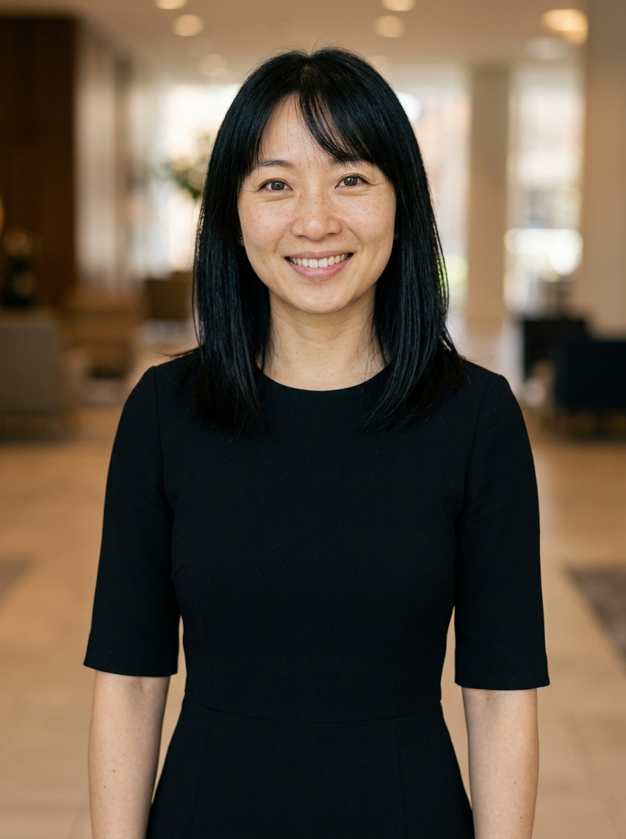 Professional AI LinkedIn headshot in Black midi fitted dress on Lobby (corporate lobby)