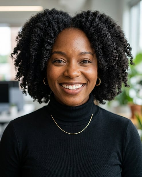 Office / Modern Office Workspace · Fitted black turtleneck headshot example