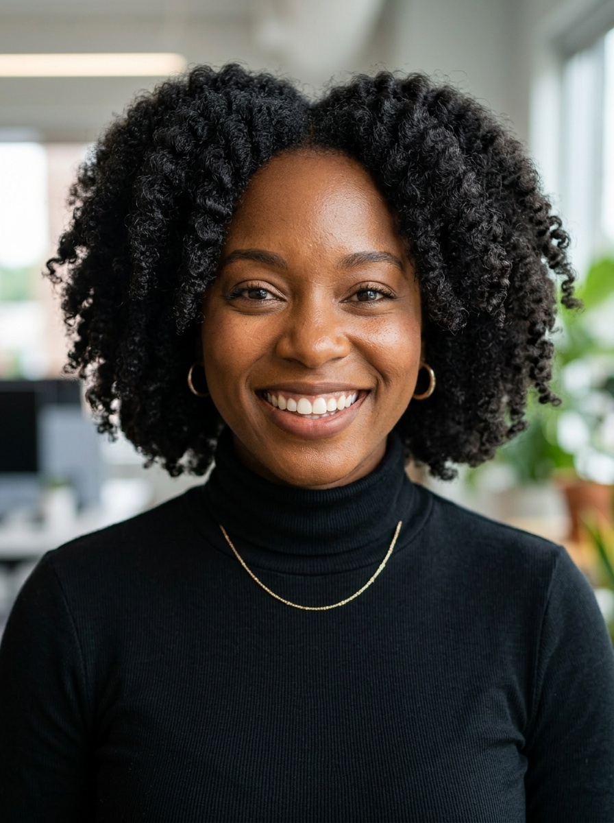 Professional AI LinkedIn headshot in Fitted black turtleneck on Office / Modern Office Workspace
