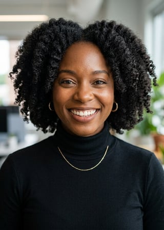 Professional AI LinkedIn headshot in Fitted black turtleneck on Office / Modern Office Workspace