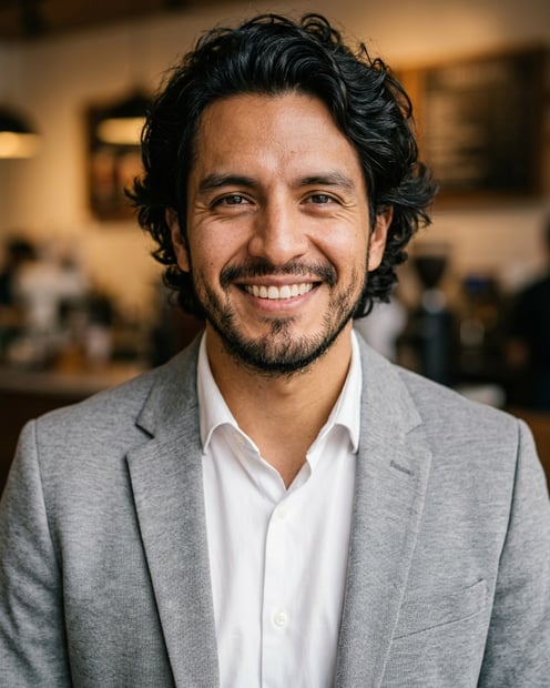 Cafe · Light gray blazer headshot example