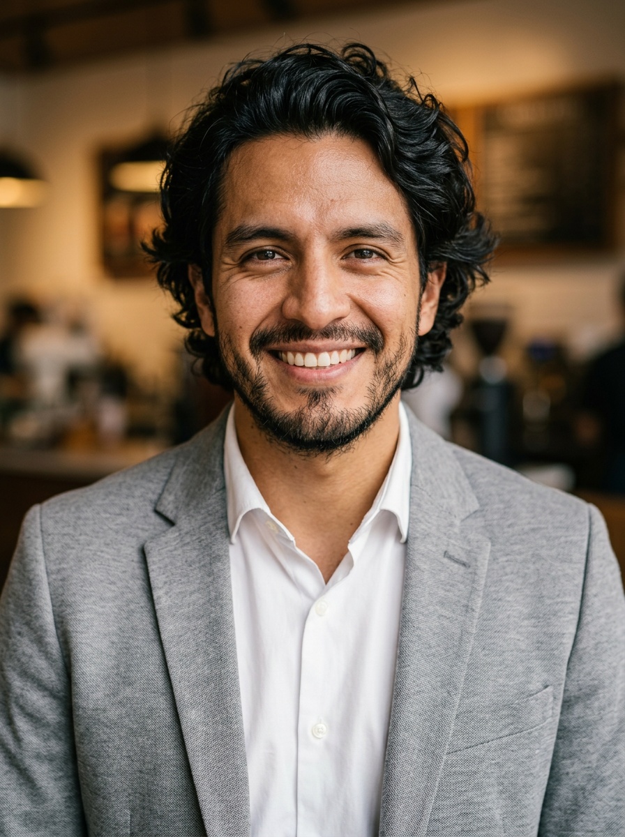 Professional AI LinkedIn headshot in Light gray blazer on Cafe (warm professional)