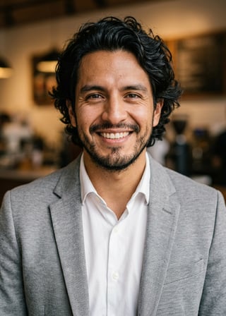 Professional AI LinkedIn headshot in Light gray blazer on Cafe (warm professional)