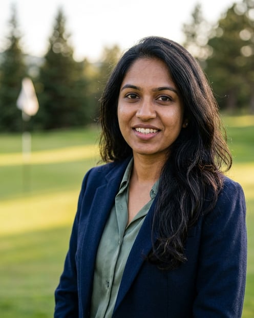 Golf Course with Blurred Clubhouse and Flag · Golf Lifestyle Blazer headshot example