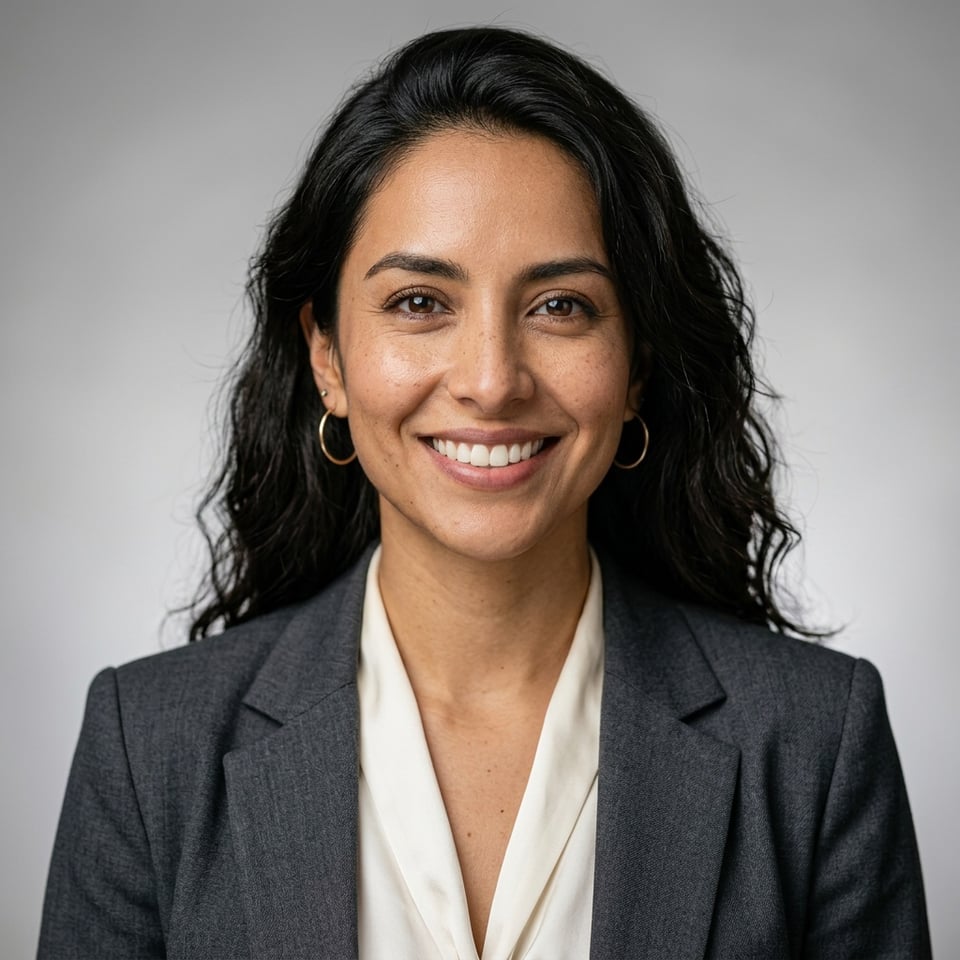 Professional AI LinkedIn headshot in Silk blouse trousers on Neutral Gradient / Light Grey