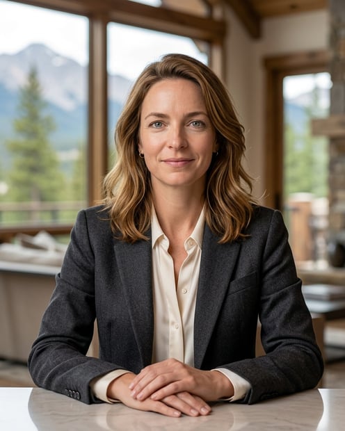 Private Office with Mountain Window · Charcoal Suit with Winter Neutral Layer headshot example