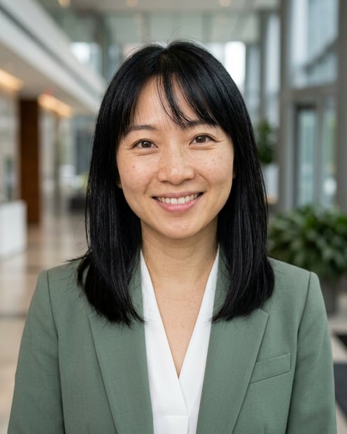 Lobby · Sage green blazer with white blouse headshot example