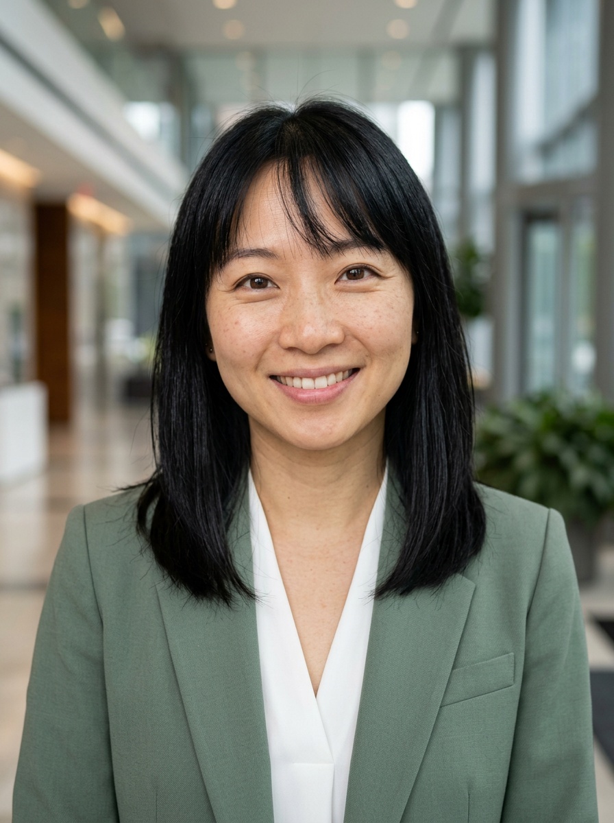 Professional AI LinkedIn headshot in Sage green blazer with white blouse (2026 trend) on Lobby (corporate lobby)