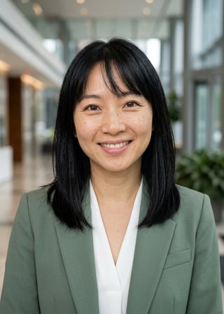 Professional AI LinkedIn headshot in Sage green blazer with white blouse (2026 trend) on Lobby (corporate lobby)