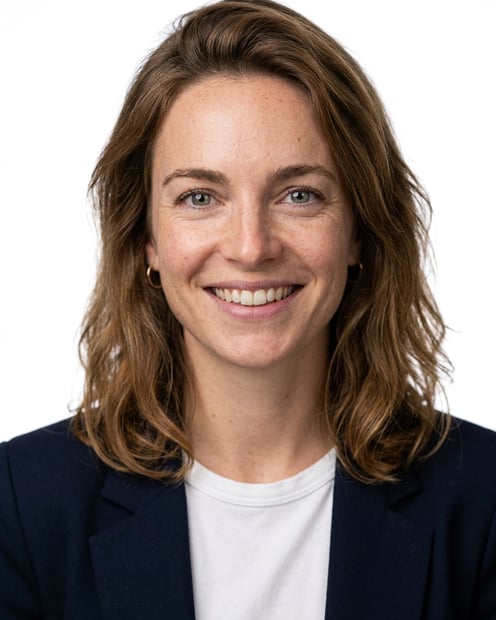 White / Pure White Studio · Open navy blazer over simple white tee headshot example